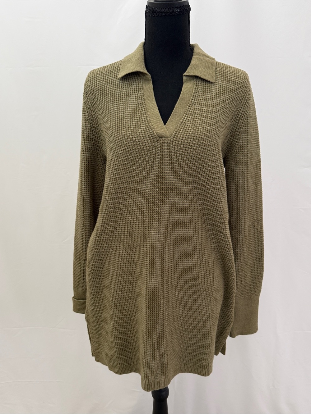 J. Jill Olive Green Waffle-Knit V-Neck Polo Sweater - Picture 8 of 8